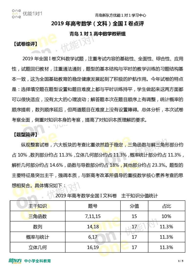 2019全国卷1高考数学文试卷点评青岛新东方