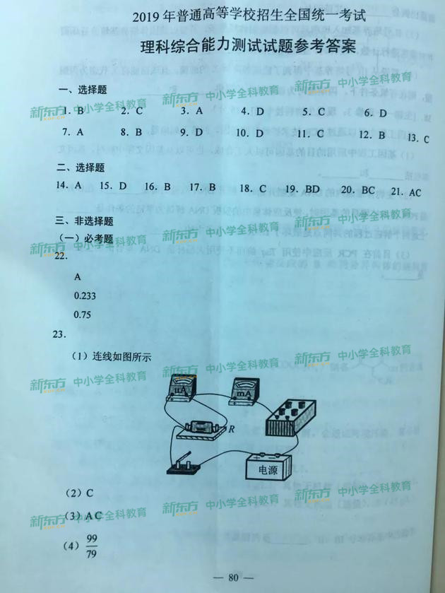 2019全国卷1高考理综答案完整版