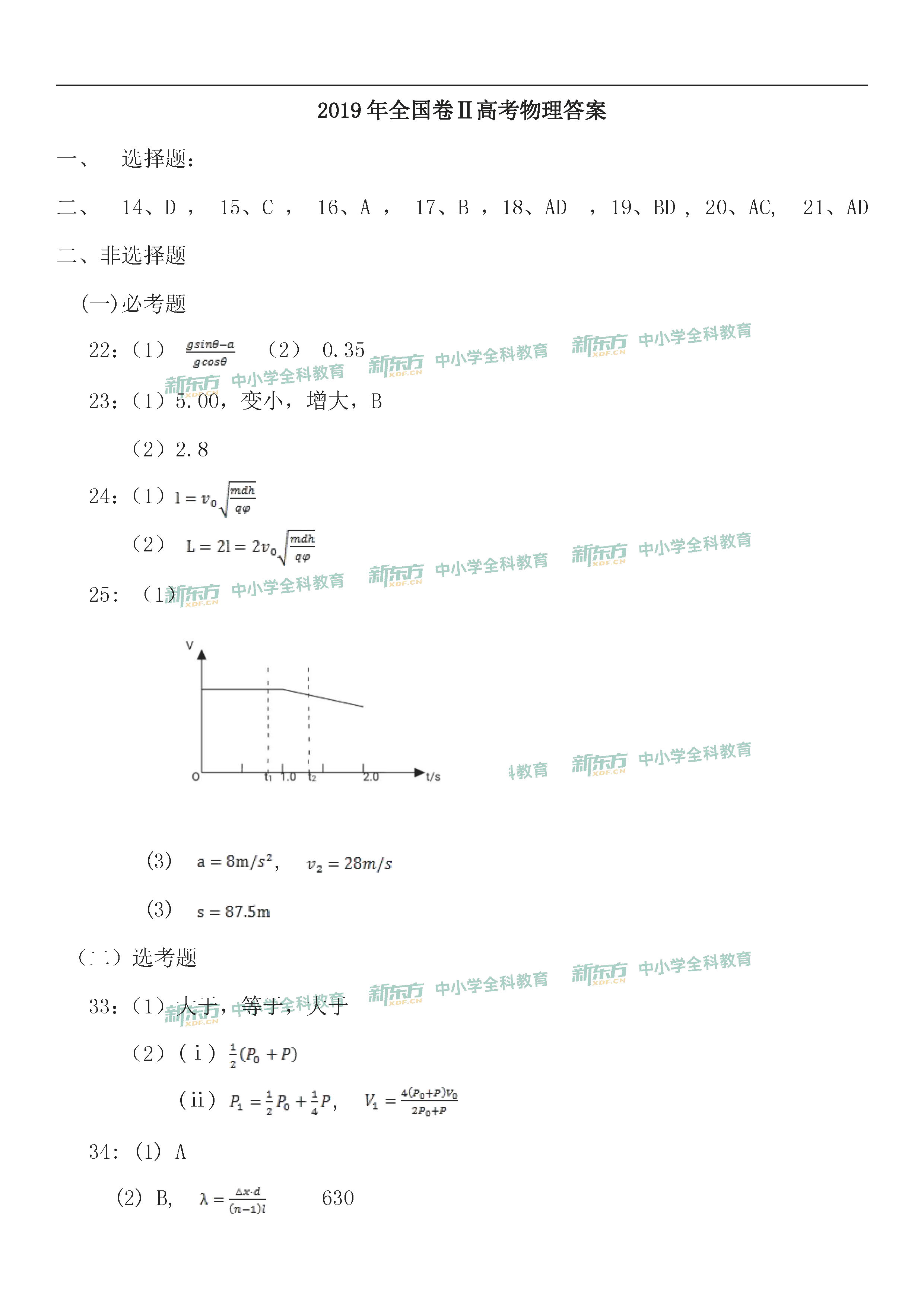 2019年内蒙古全国卷2高考物理答案(新东方)