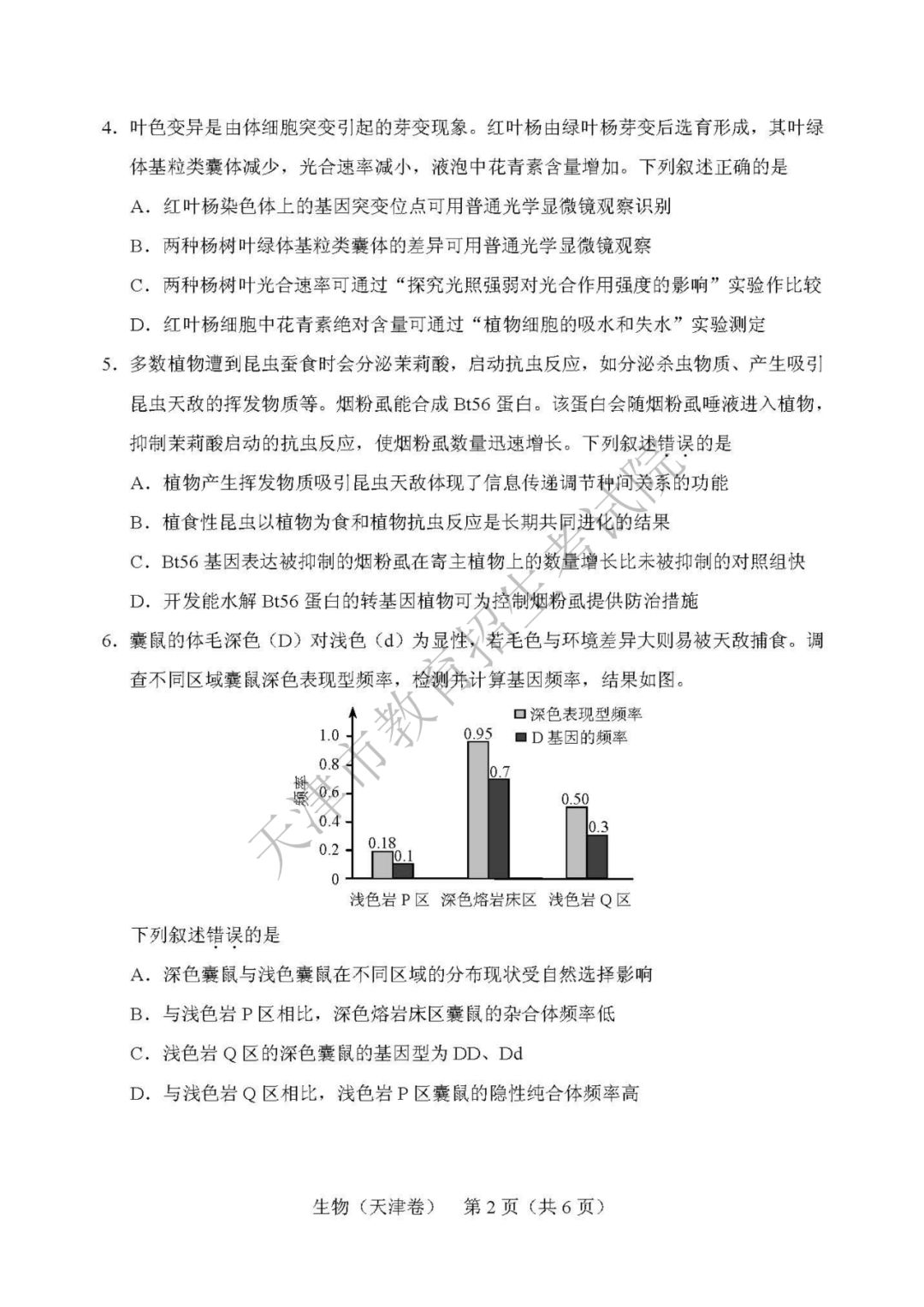 2019天津高考理综生物试卷2