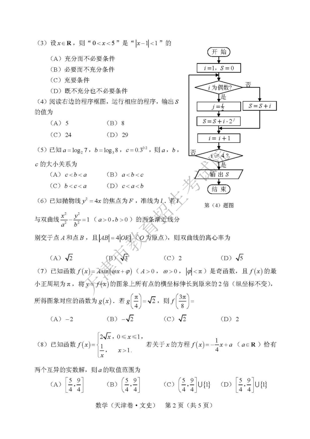 2019天津高考数学（文史类）试卷2