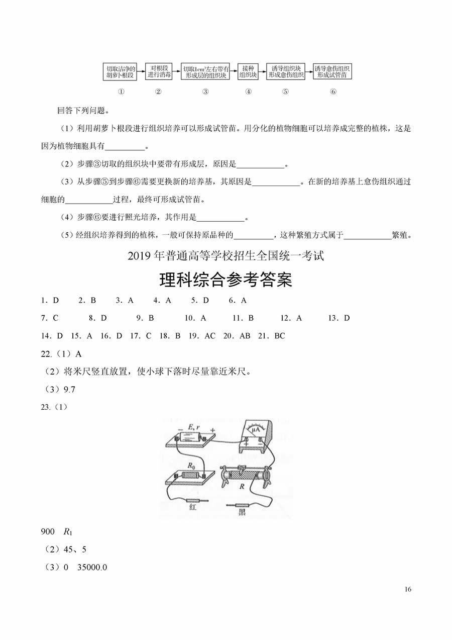 2019全国卷3高考理综试卷及答案解析