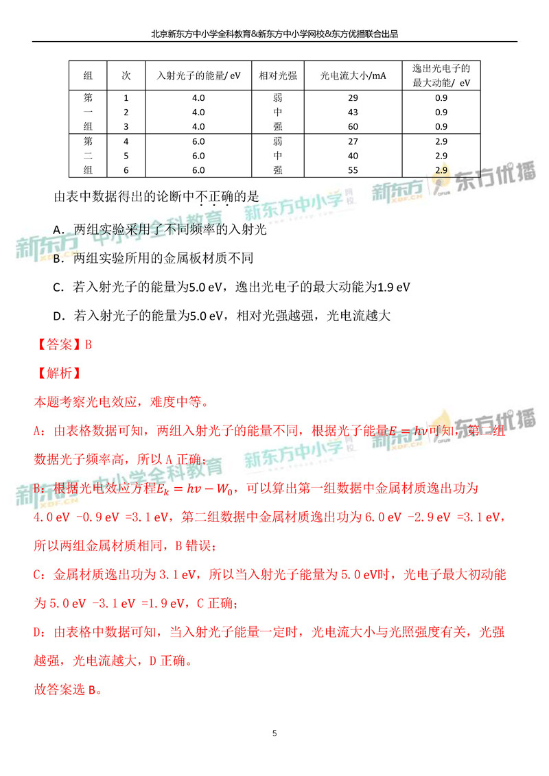 2019北京高考理综试题答案逐题解析