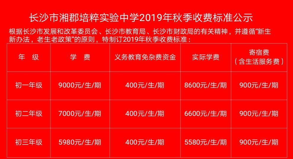 2019年长沙湘郡培粹实验中学秋季学费收费标准