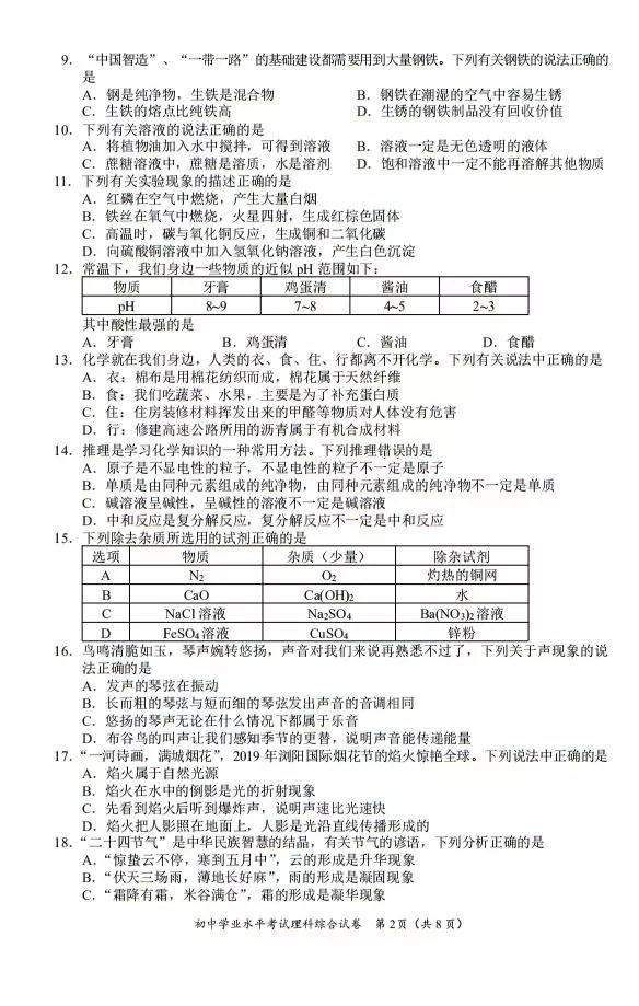 2019长沙中考理综真题试卷