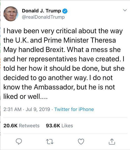特朗普在推特上回怼泄露备忘录的英驻美大使
