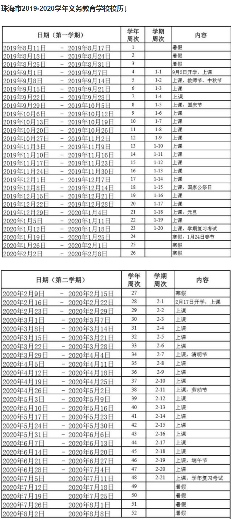 2019广东珠海市中小学校历时间表公布