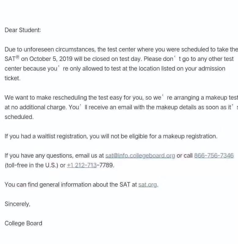 2019年10月SAT考试时间被推迟？