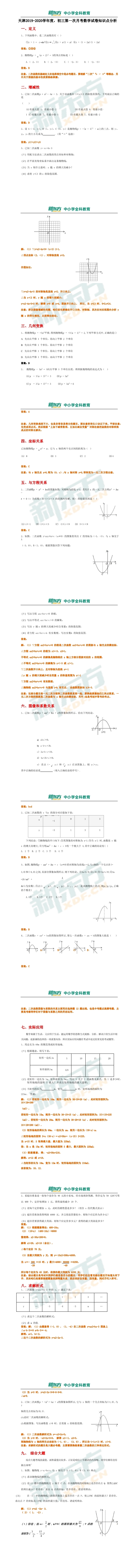 初三数学试卷,天津第一次月考初三数学试卷知识点分析