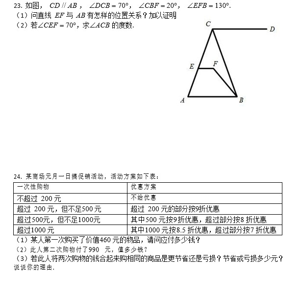 2018年下学期长沙市雅礼集团初一期中考试数学试卷