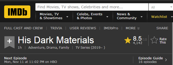 HBO+BBC联手巨制《黑暗物质三部曲》第一季播出时间表