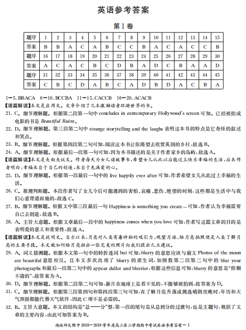 2019湖南师大附中下学期高二英语期中考试试卷