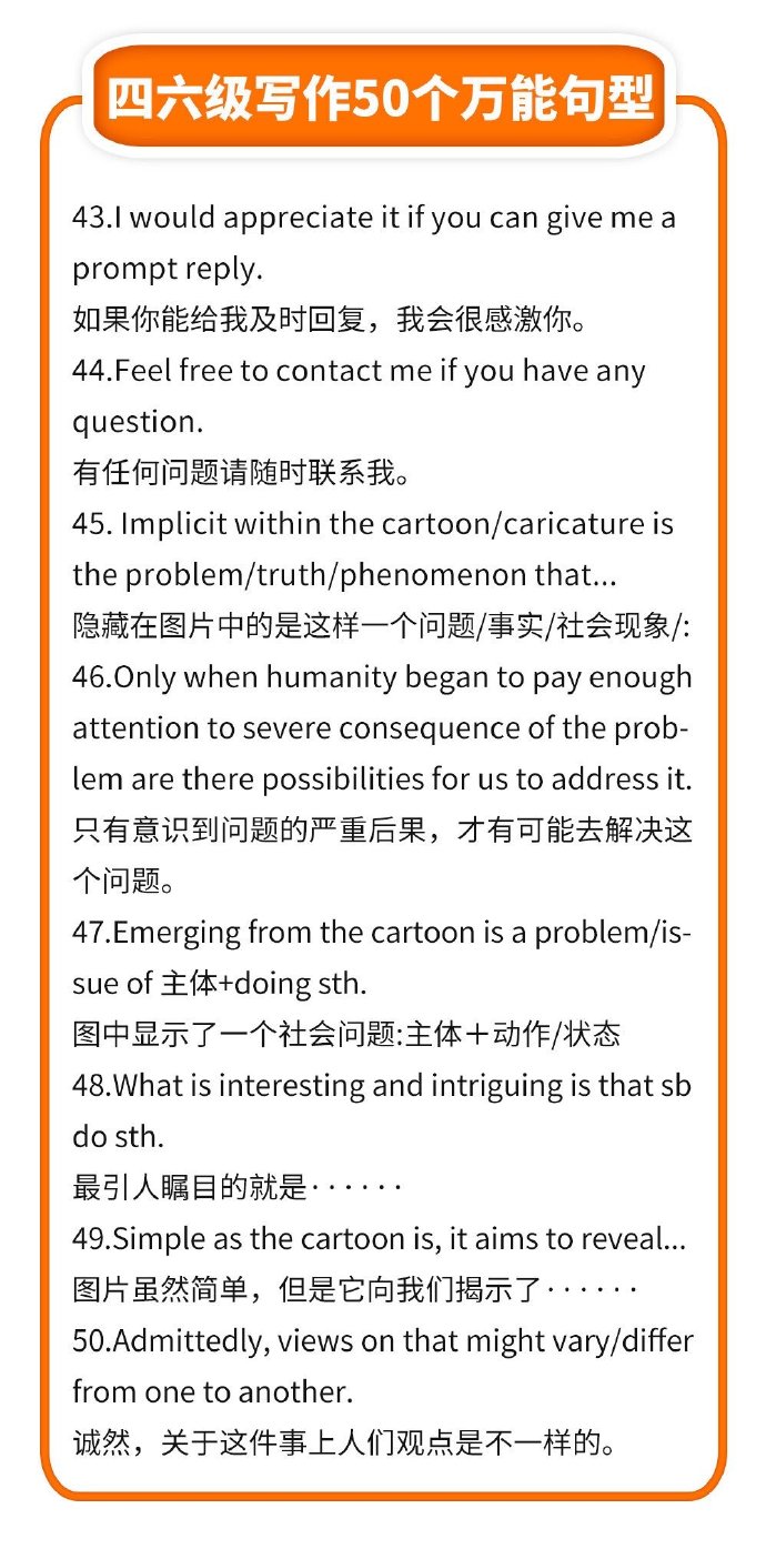 最新四六级写作50个万能句型