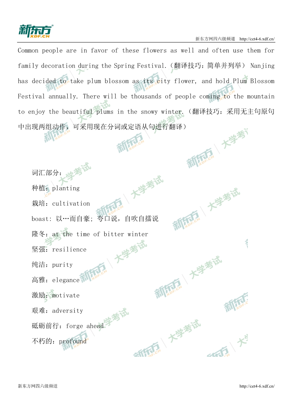 2019年12月英语六级翻译真题解析：梅花（西安新东方）