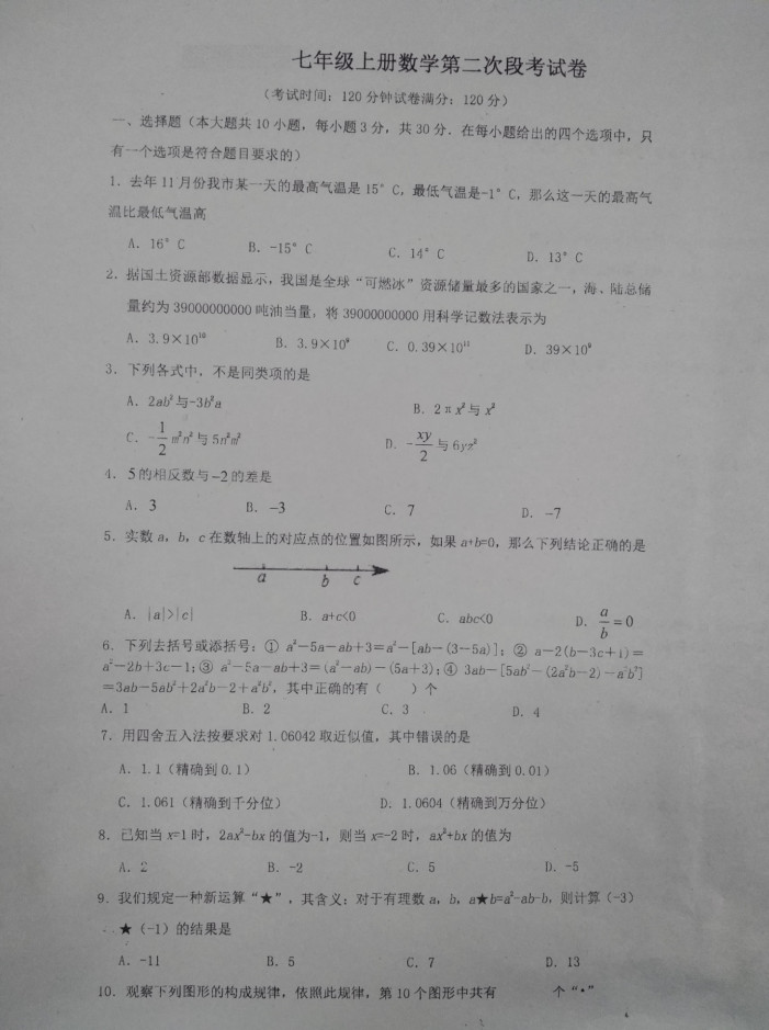 20192020湖北随州高新区七年级数学上册期中试题无答案图片版