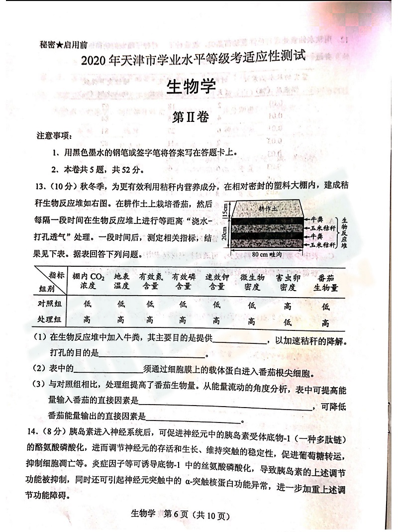 高考模拟试卷,天津高考生物模拟试卷