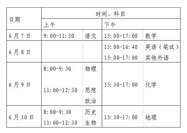 　2020年北京高考4天时间安排如下