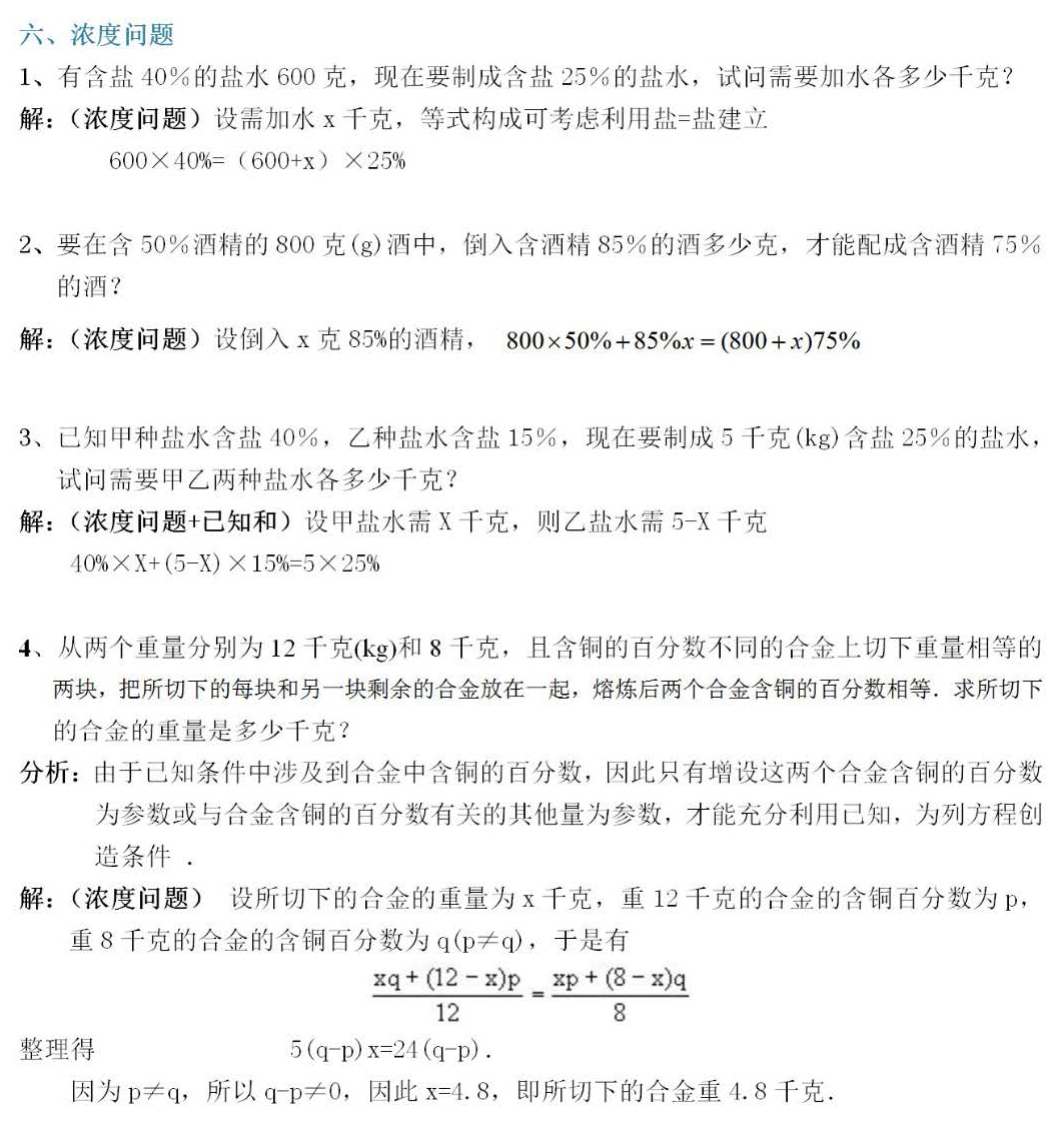 中考数学总复习之七年级数学应用题“浓度问题”练习题及答案