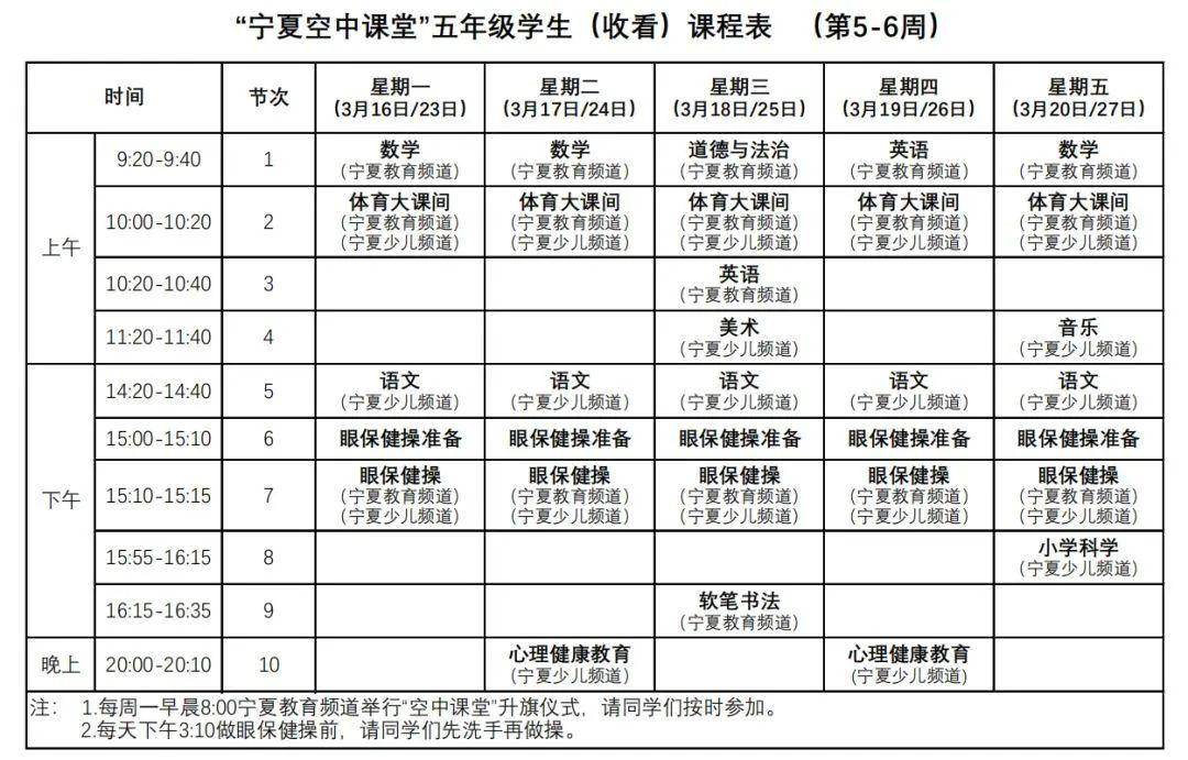 宁夏中小学"空中课堂"第5-6周课程表完整版公布