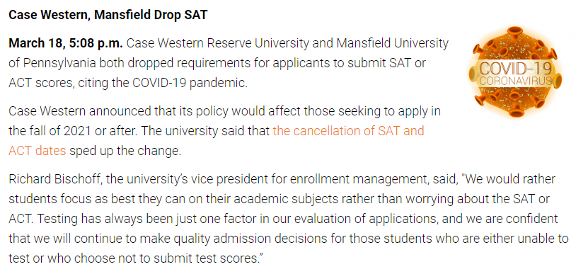 美国凯斯西储大学宣布不要求SAT/ACT成绩