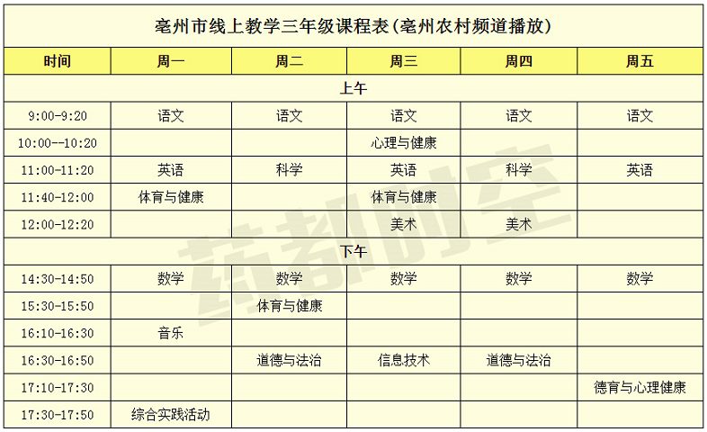 安徽亳州中小学"空中课堂"课程表完整版公布(4月20日