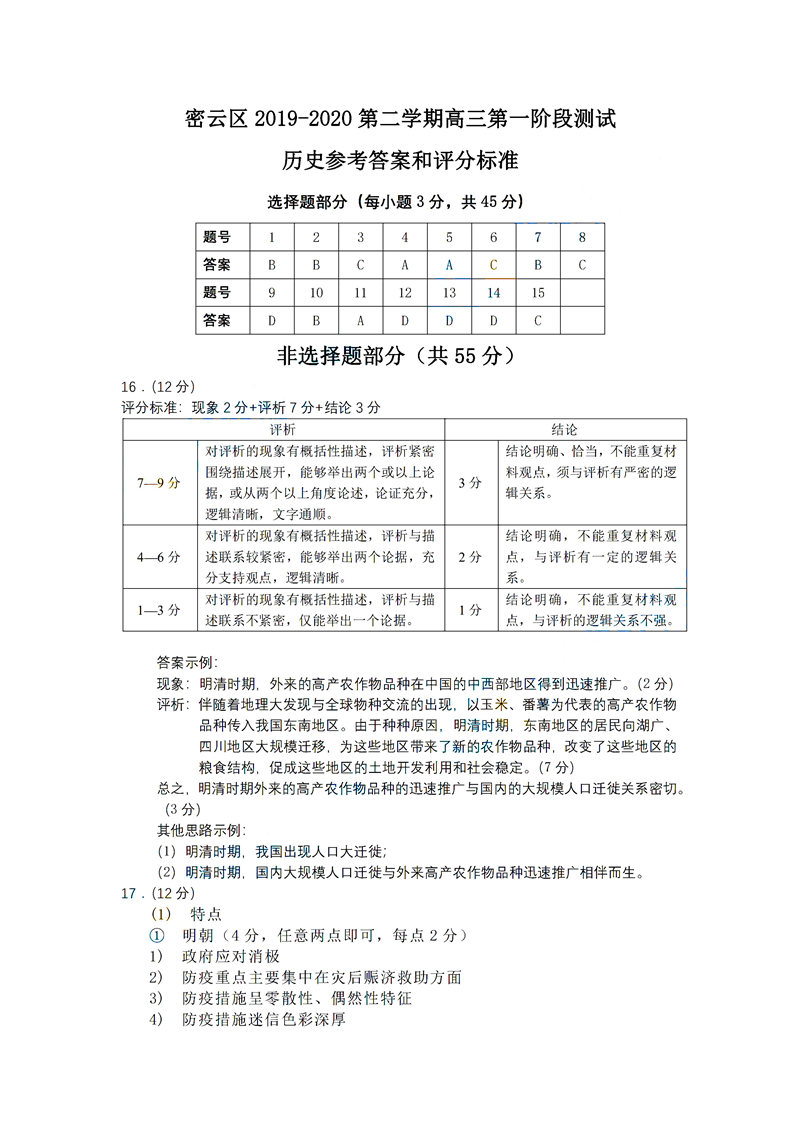 2020年北京密云高三一模历史试卷答案解析