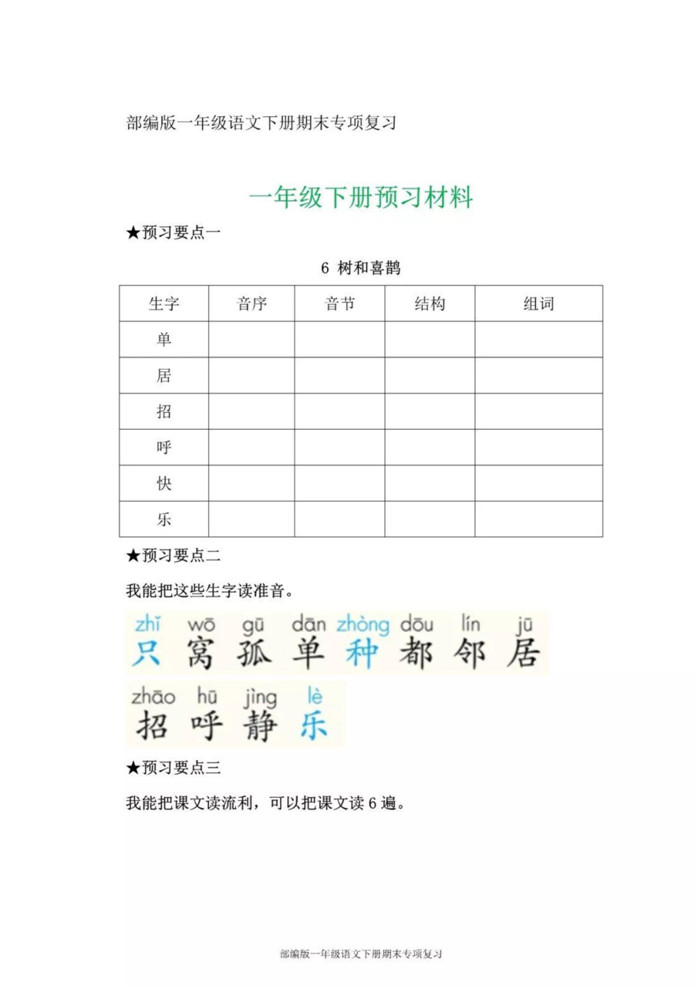 部编版语文一年级下册第三单元知识卡片(下载)