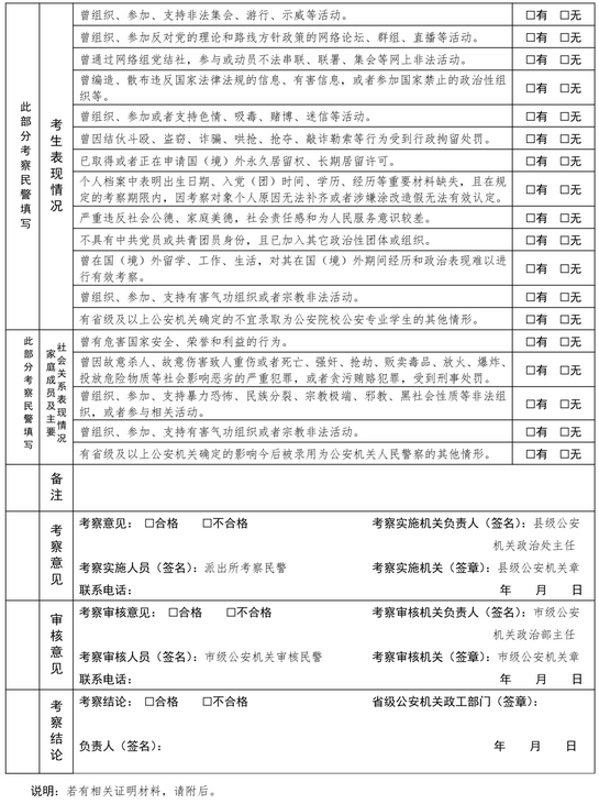公安院校公安专业招生考察表