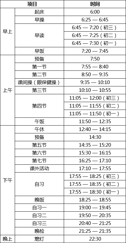 2019各民办初中学校作息时间表