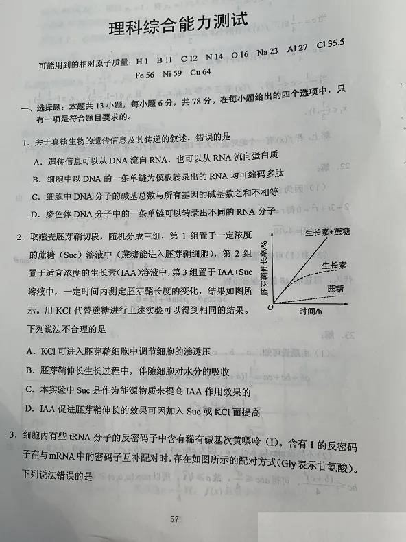 2020贵州高考理综试卷（官方）