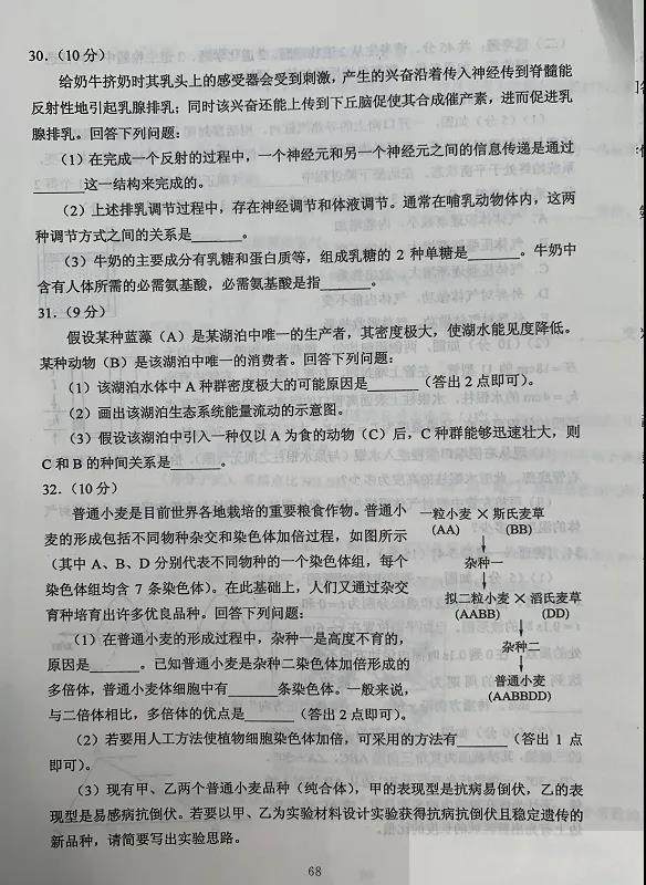2020西藏高考理综试卷（官方）