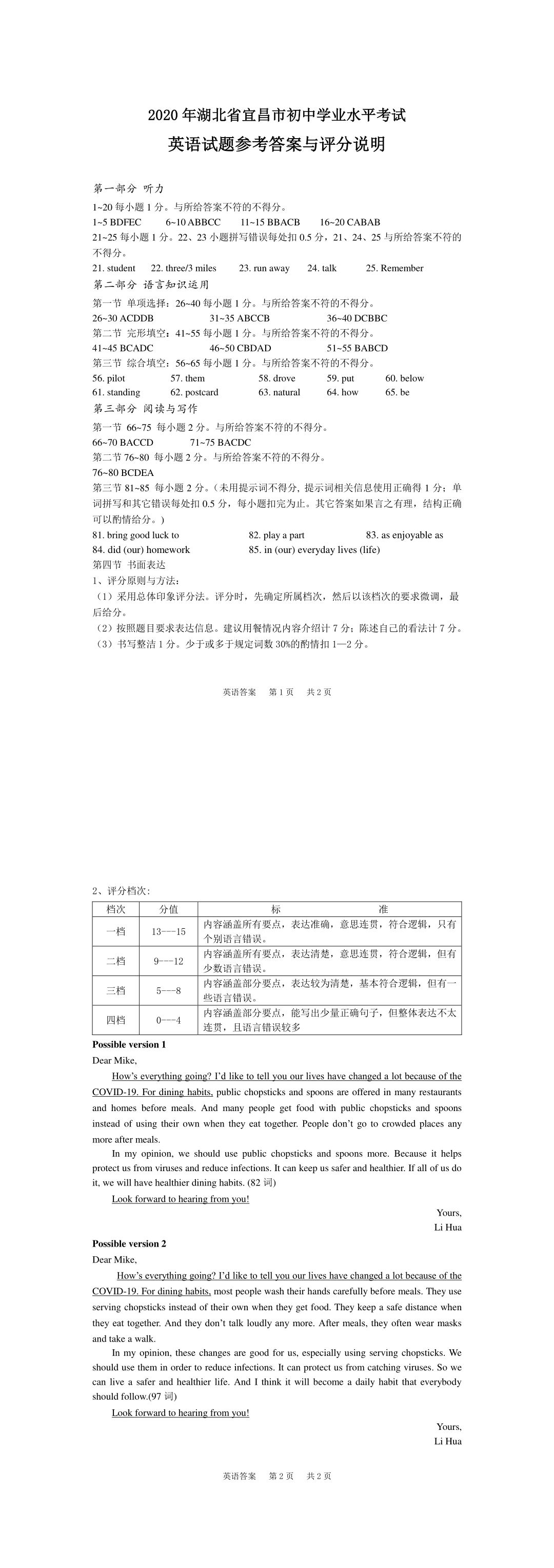 2020湖北宜昌中考英语试题及答案（图片版）