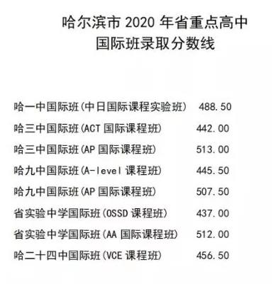 2020哈尔滨省重点高中国际班中考录取分数线