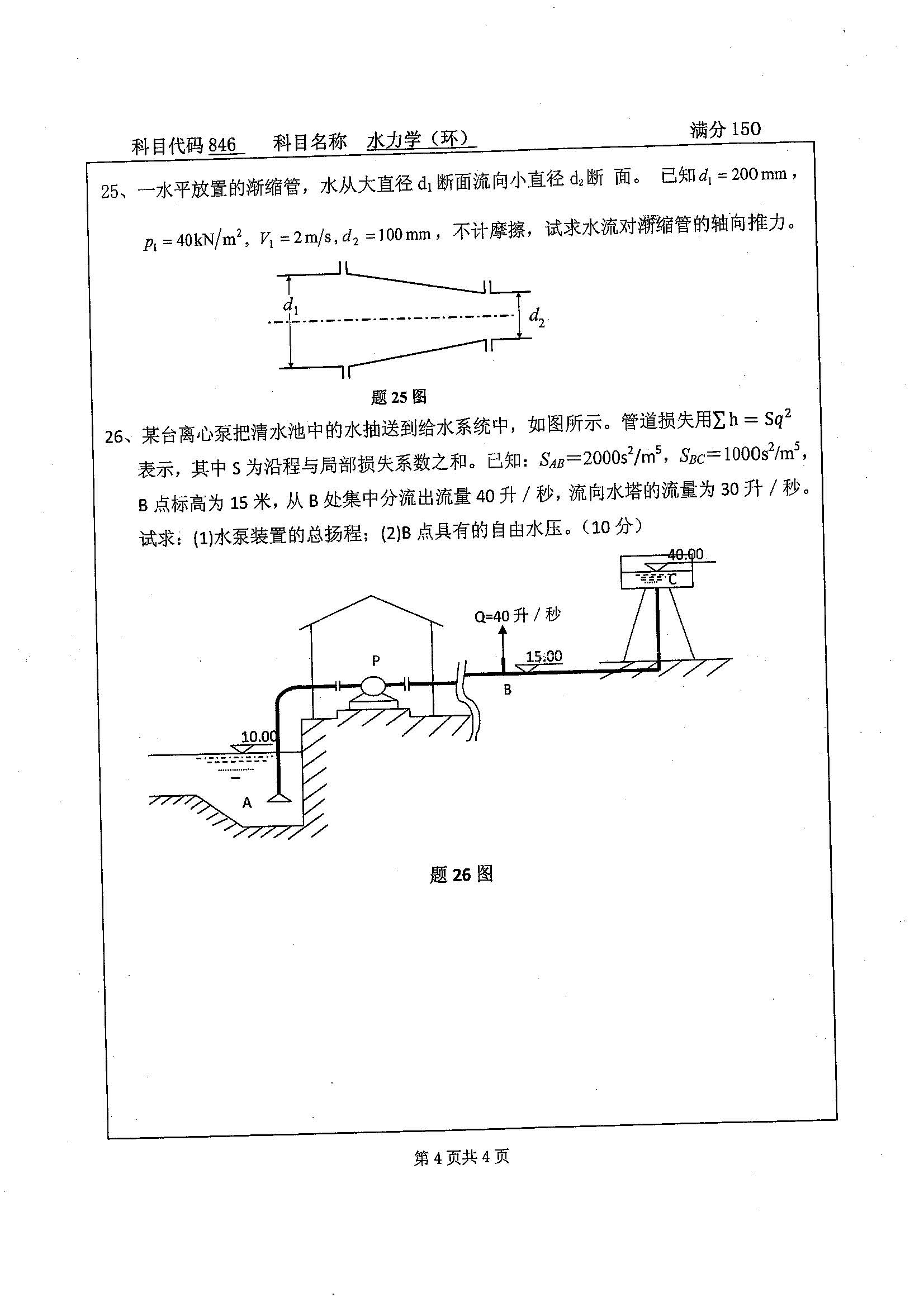846-水力学（环）2019年考研初试试卷真题（扬州大学）