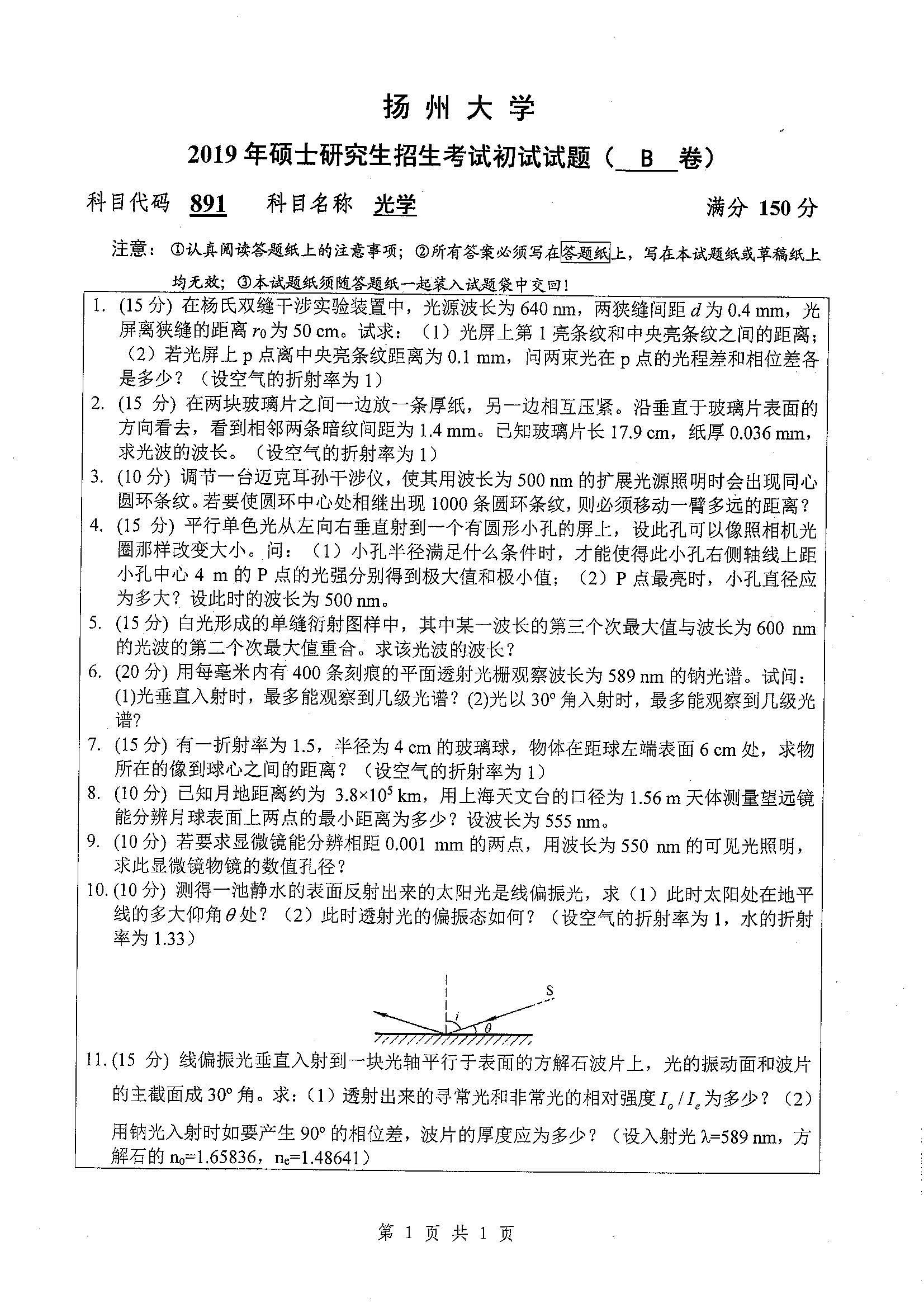 891-光学2019年考研初试试卷真题（扬州大学）