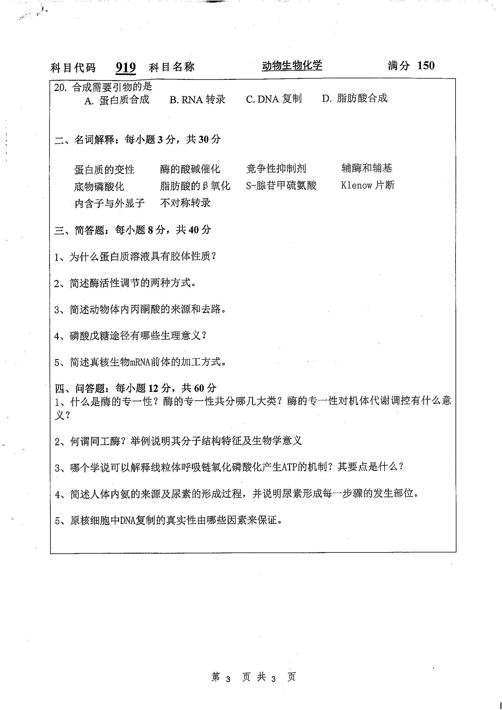 919-动物生物化学2019年考研初试试卷真题（扬州大学）
