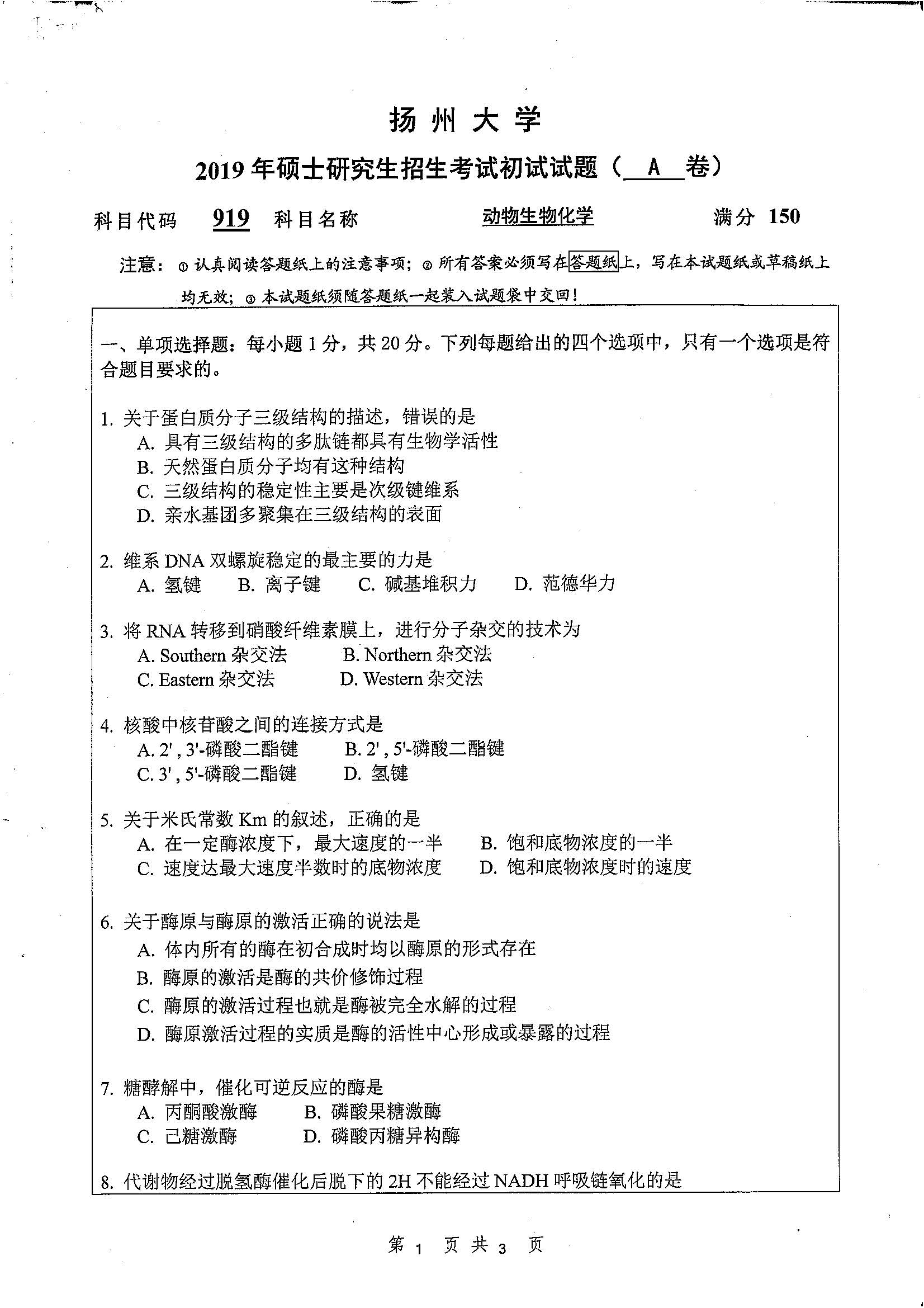 919-动物生物化学2019年考研初试试卷真题（扬州大学）