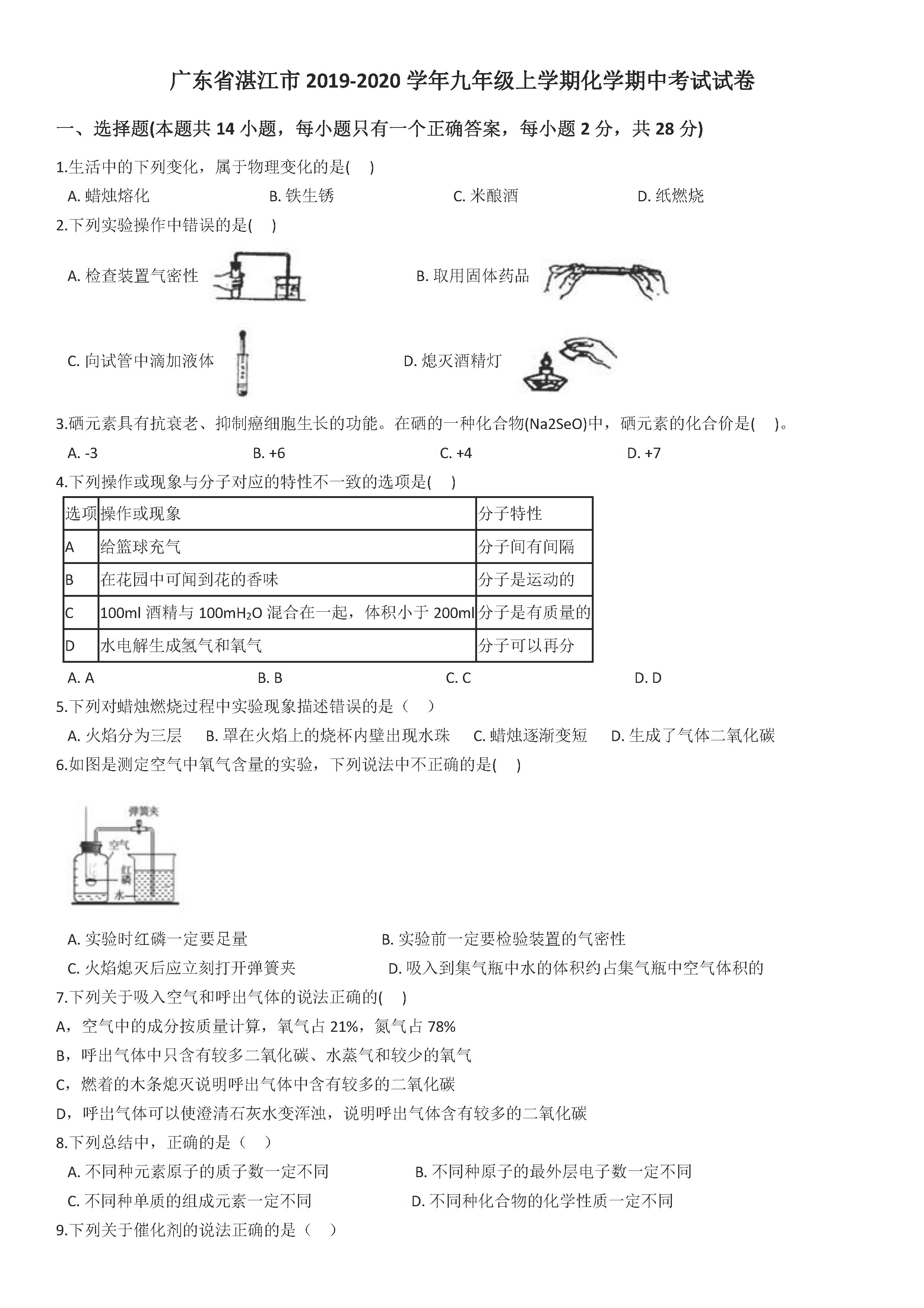 2019-2020广东湛江初三化学期中模拟试题及答案(pdf下载版)