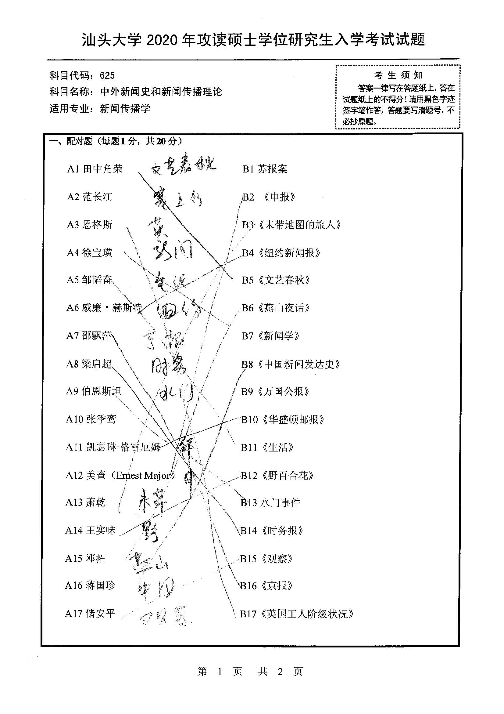 625中外新闻史和新闻传播理论2020年考研初试试卷真题（汕头大学）