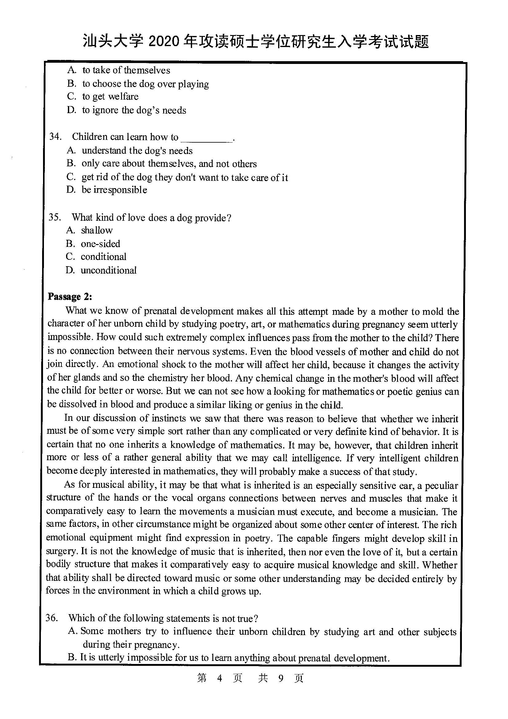 806综合英语2020年考研初试试卷真题（汕头大学）
