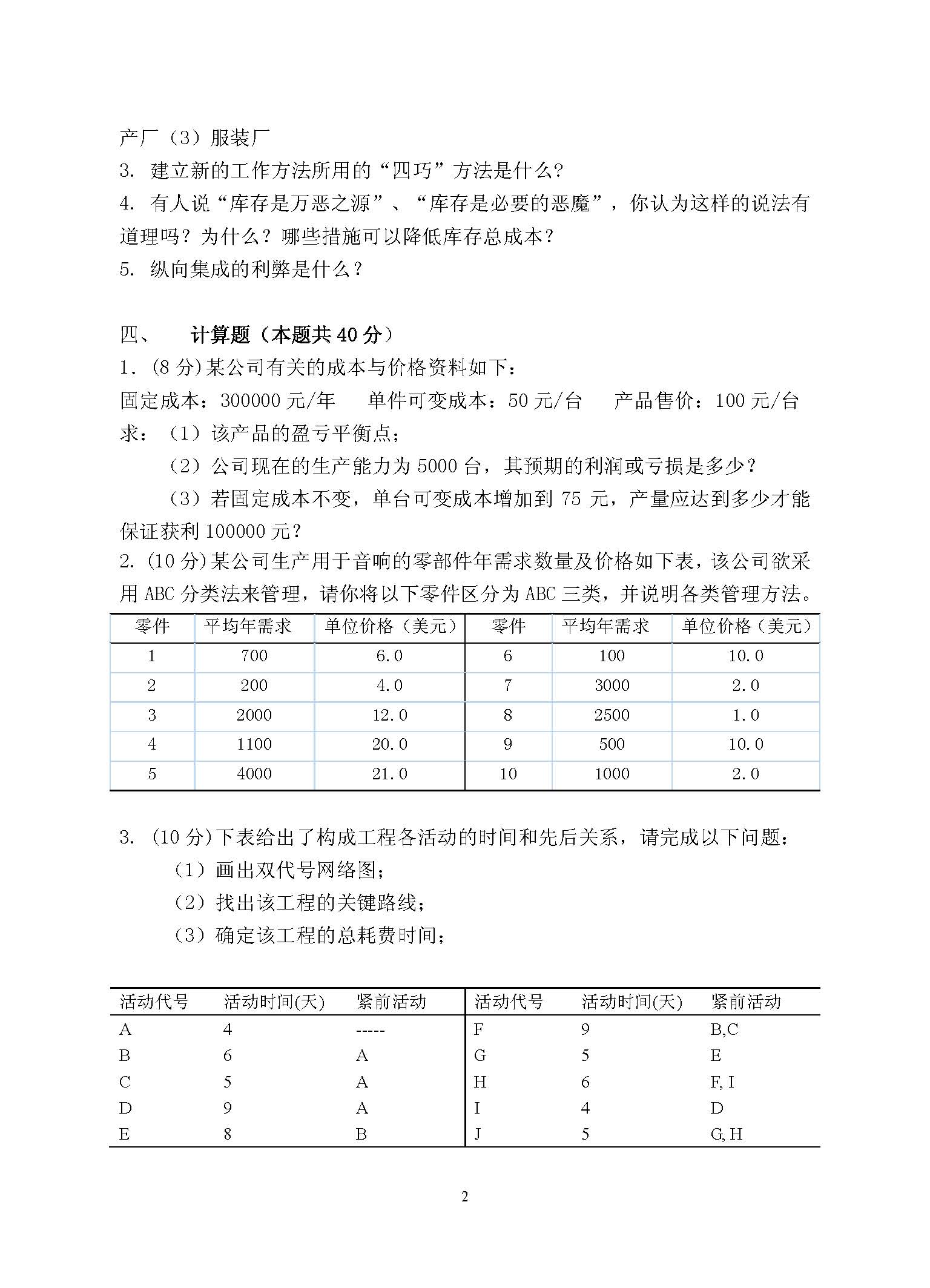 871运营管理2016年考研初试试卷真题（青岛大学）