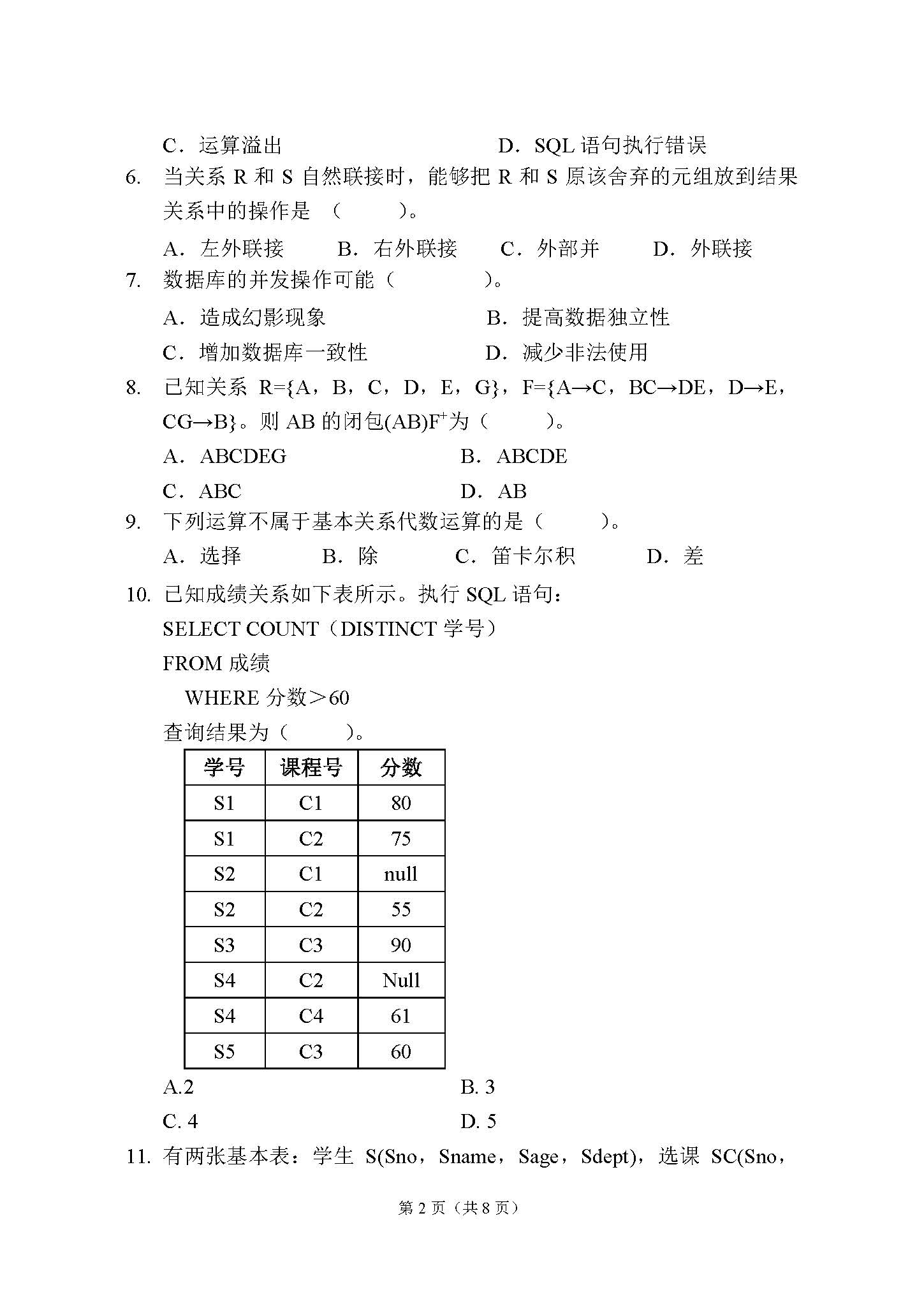 862数据库系统2015年考研初试试卷真题（青岛大学）