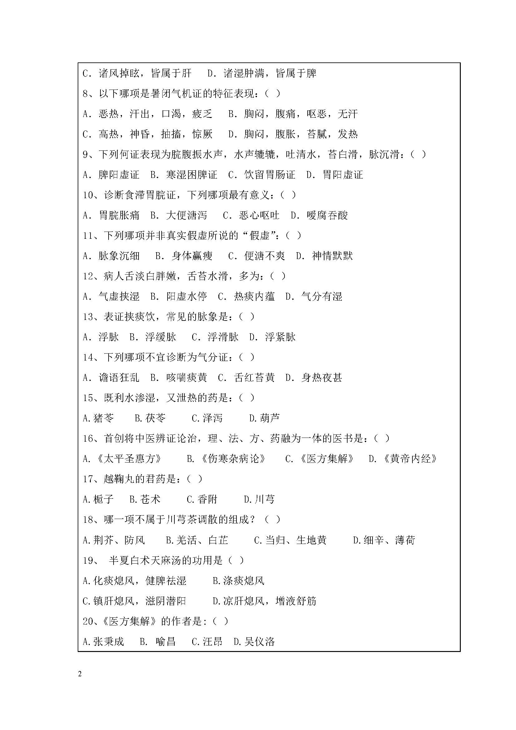 724中医基础综合2020年考研初试试卷真题（暨南大学）
