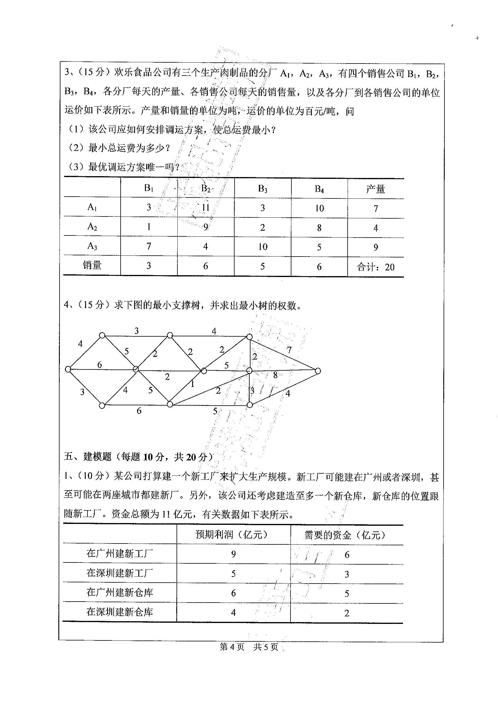 857管理运筹学2020年考研初试试卷真题（广东工业大学）
