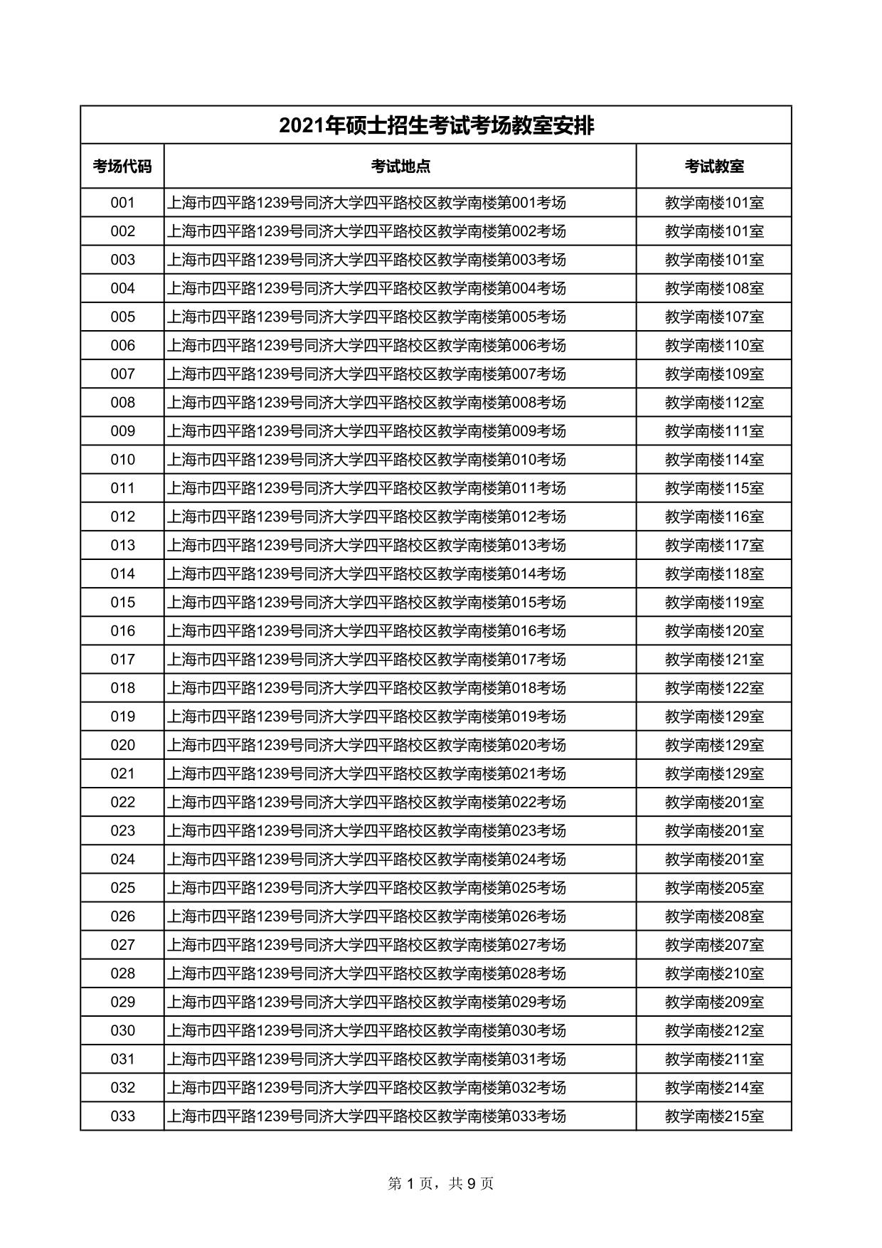上海市四平路1239号同济大学四平路校区教学南楼第001考场