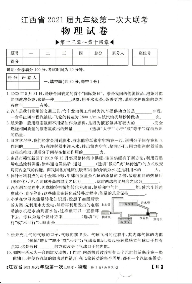 江西省2021届九年级第一次大联考物理