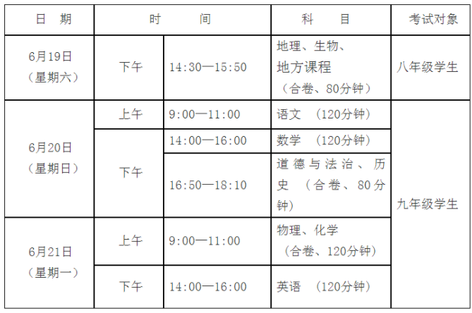 2021年湖北咸宁中考时间为6月19日-21日