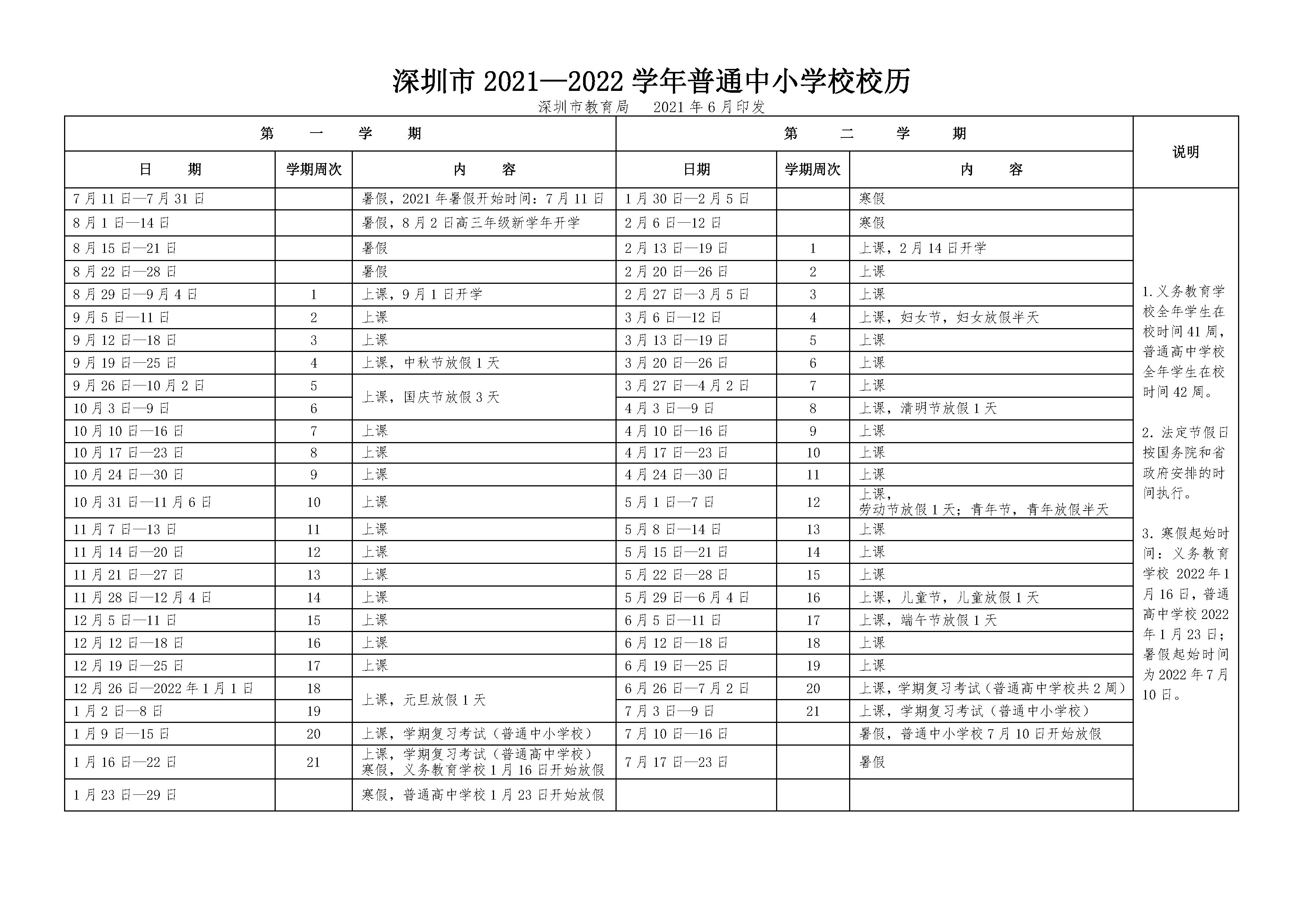 20212022学年深圳市普通中小学校最新校历公布