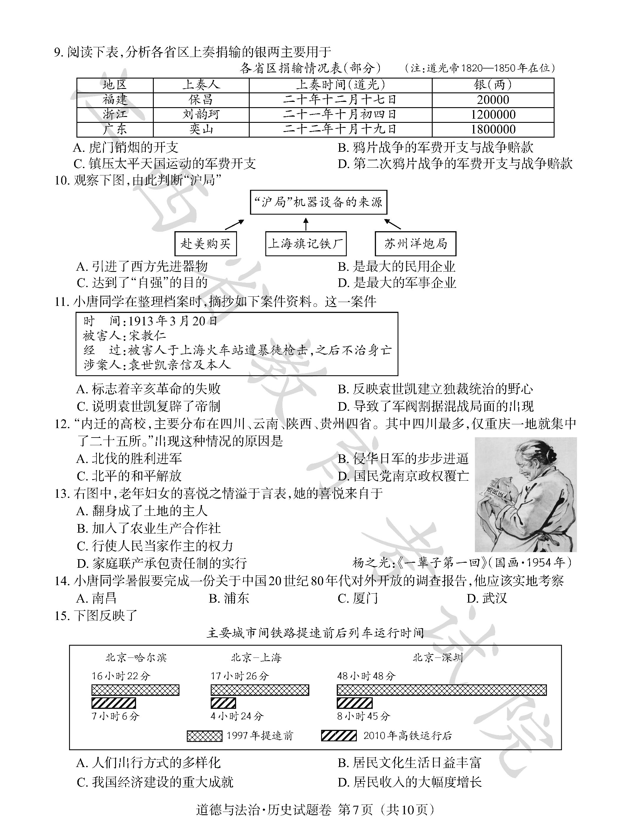 江西省2021年初中学业水平考试历史试题参考答案