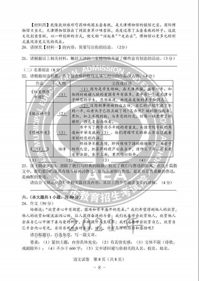 2021天津中考语文试题pdf版